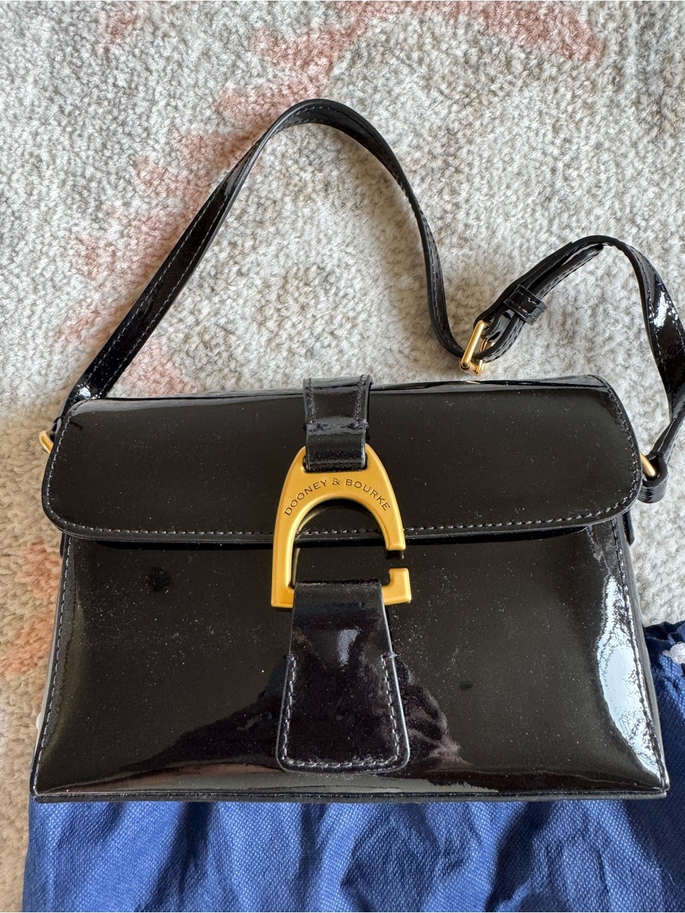 Dooney & Bourke Black Patent Mini Shoulder Bag with Gold Hardware